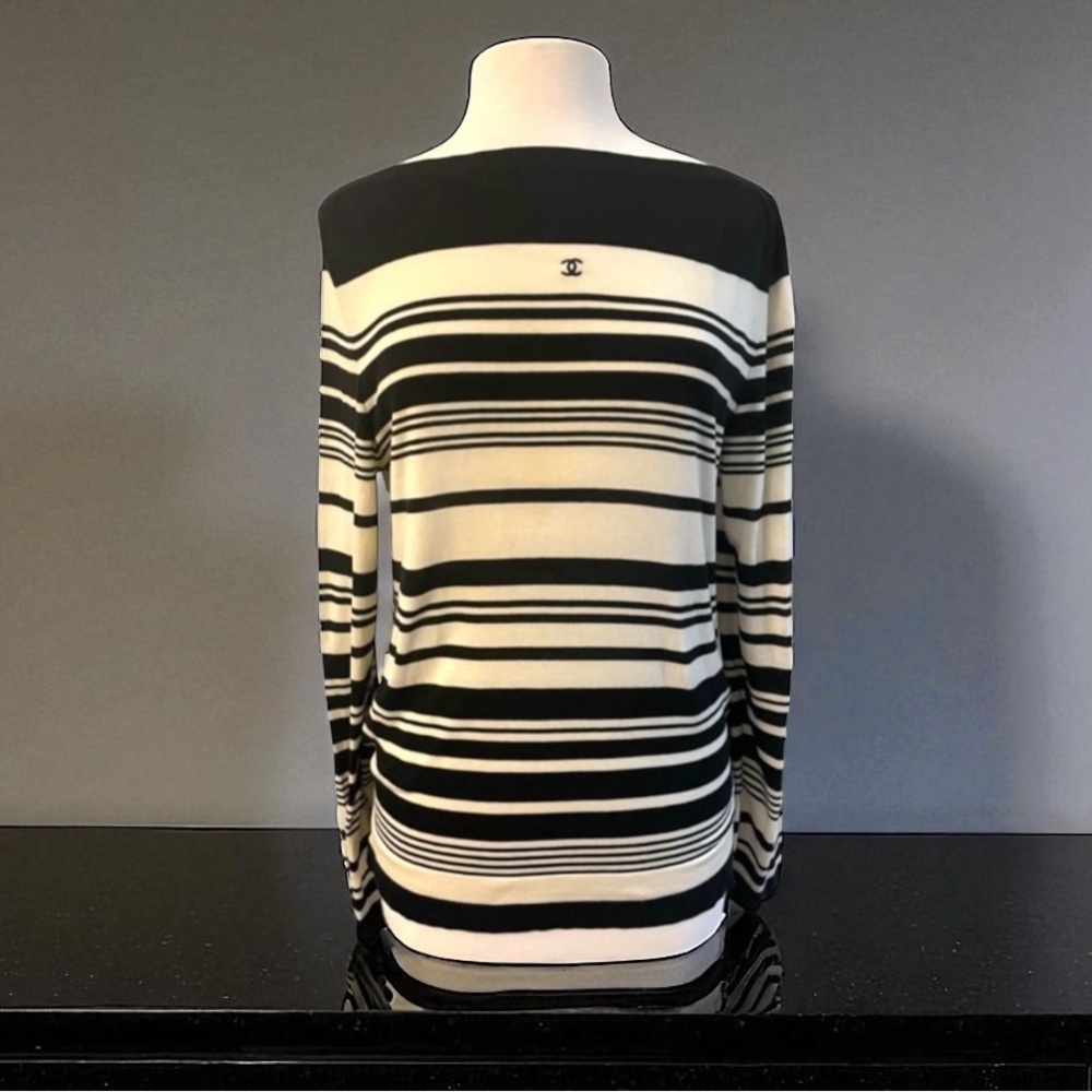 Chanel Classic VTG Black Ivory Stripe COTTON Sweater  Size EU 44